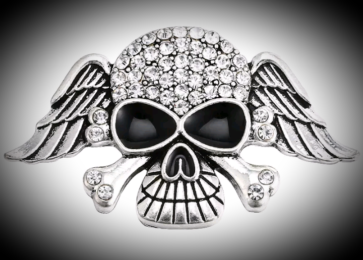 Deluxe sized 18 mm rhinestone skull with angel wings snap